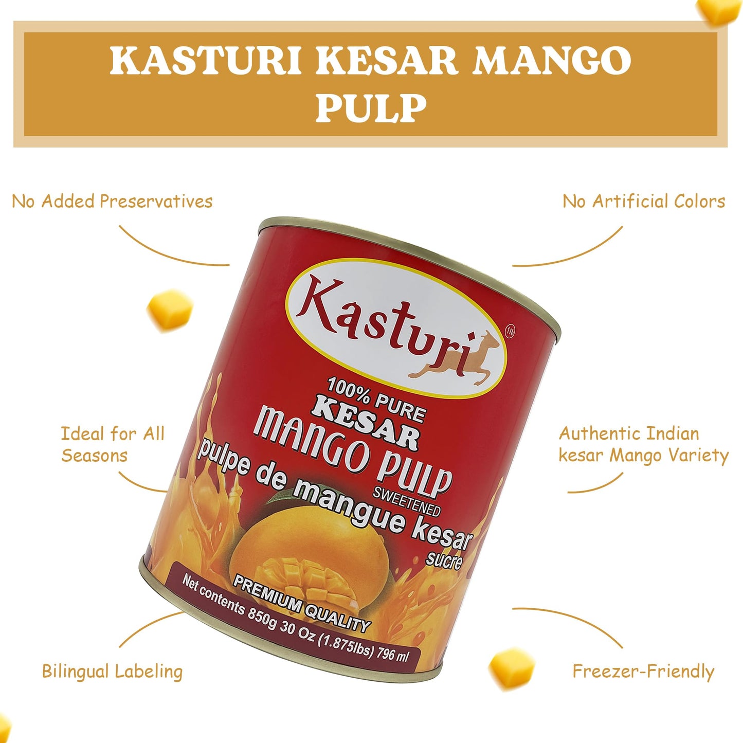 Kasturi Kesar Mango Pulp – 100% Natural Mango Puree 30oz (850g)