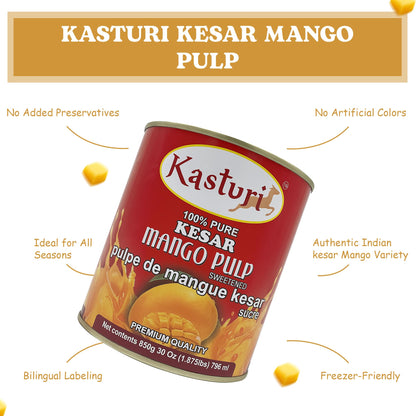 Kasturi Kesar Mango Pulp – 100% Natural Mango Puree 30oz (850g)